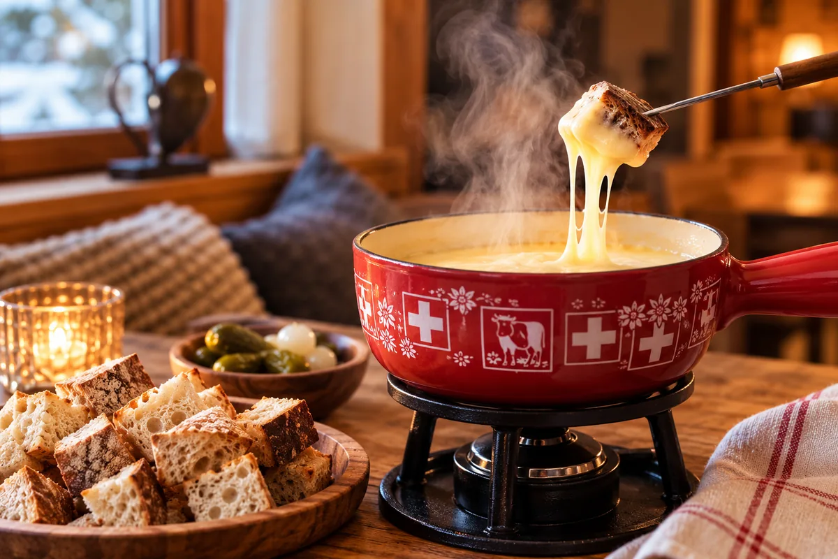 Een rode fonduepan met Zwitserse kruisen en een koe erop, op een houten tafel. Een vorkje trekt een stukje brood uit de gesmolten kaas; ernaast een houten schaal met broodblokjes, een schaaltje augurken en zilveruitjes en een brandend kaarsje.