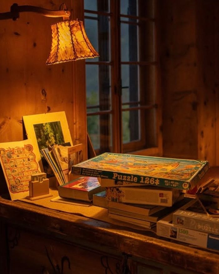 Eine brennende Wandlampe über einem Holztisch mit Puzzleschachteln, Spielen und Büchern, vor einem Fenster in einem Raum mit Holzwänden.