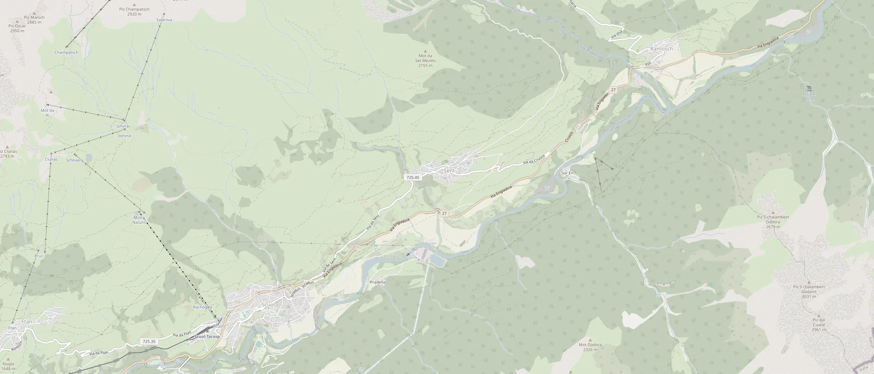 Eine Karte des Inntals: Scuol unten links, Ramosch oben rechts, dazwischen die Talstrasse.