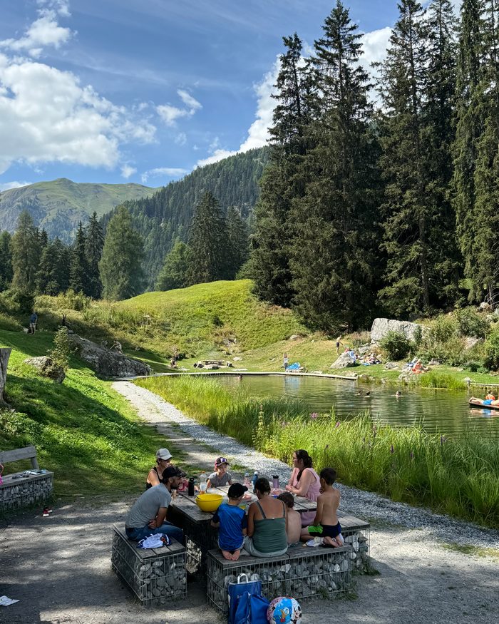 Eine Gruppe picknickt an einem Tisch an einem kleinen Bergsee zwischen den Kiefern.