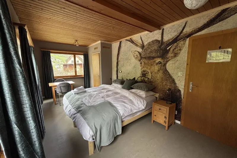 The Graubünden room: a bright double room with large windows on the first floor.