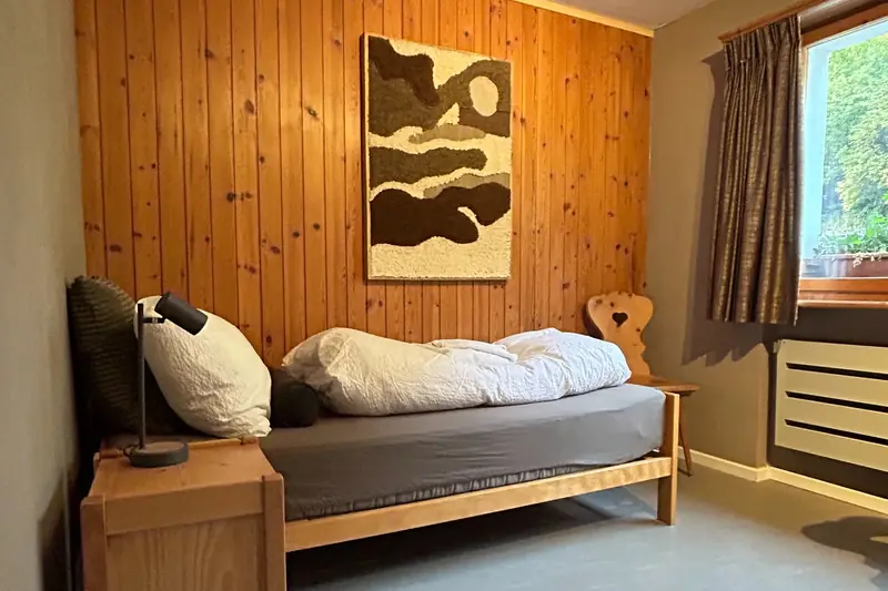 The Gruyère room: a single bed with white bed linen against a pine-panelled wall, with a brown and white wall hanging, a bedside table with a reading lamp and a window with curtains.
