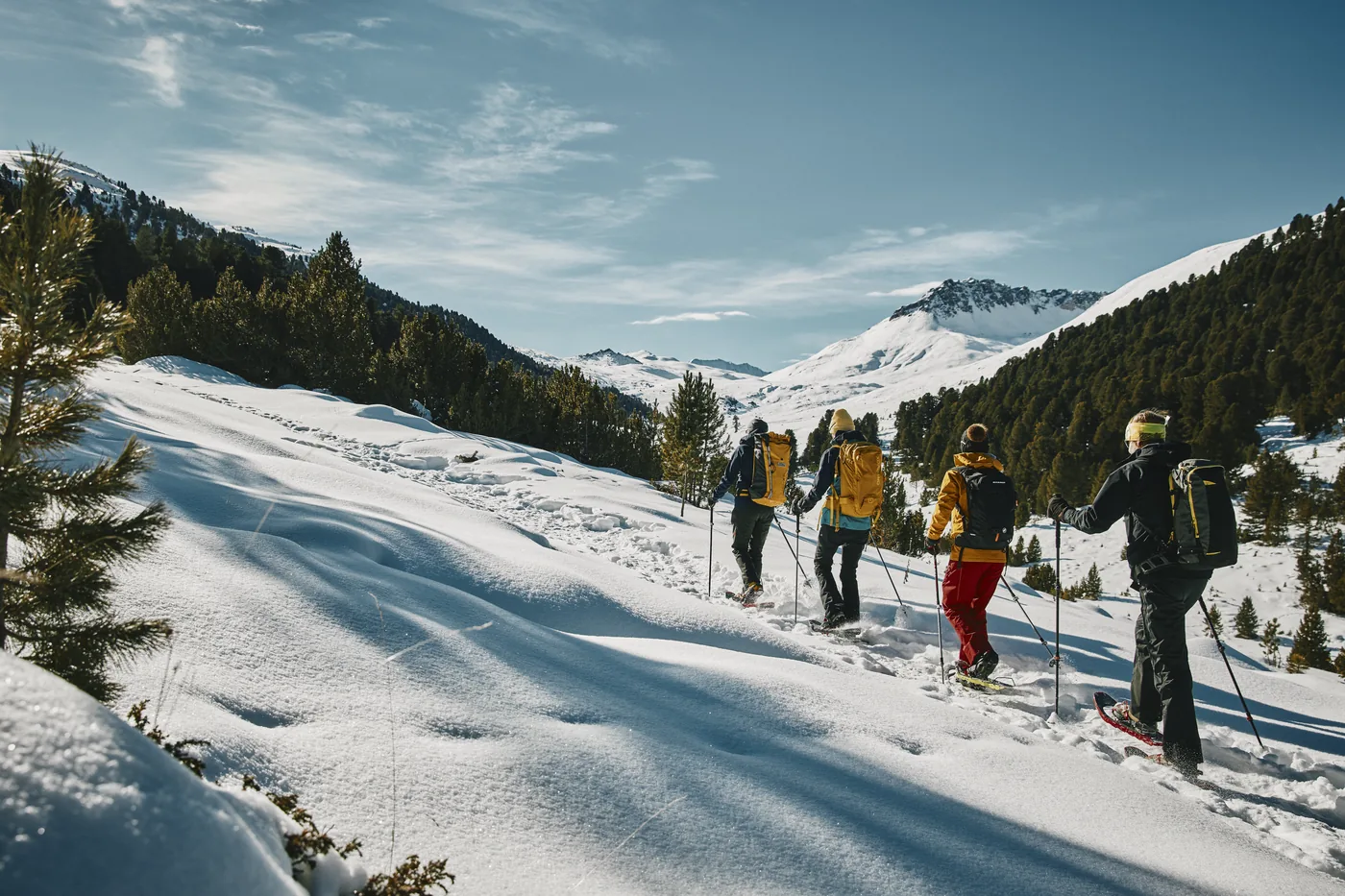 Vier Personen auf Schneeschuhen gehen hintereinander über einen verschneiten Hang, die Berge in der Sonne.