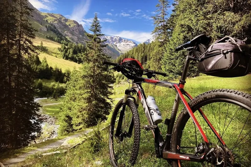 Een mountainbike op een pad boven een groen dal, met besneeuwde toppen erachter.