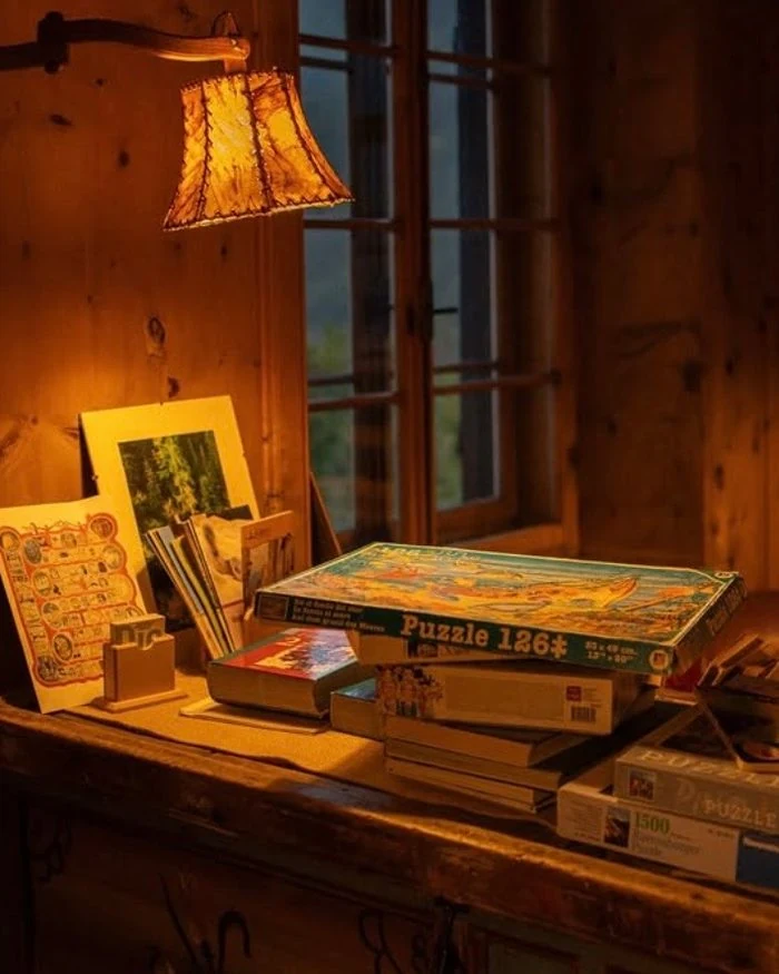 Eine brennende Wandlampe über einem Holztisch mit Puzzleschachteln, Spielen und Büchern, vor einem Fenster in einem Raum mit Holzwänden.